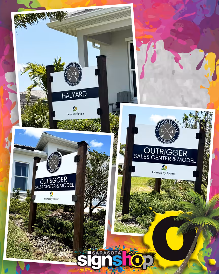 Three outdoor signs for Antique House models named Halyard and Outrigger stand in front of houses, bordered by a bright, colorful frame with a Sarasota Sign Shop logo at the bottom.