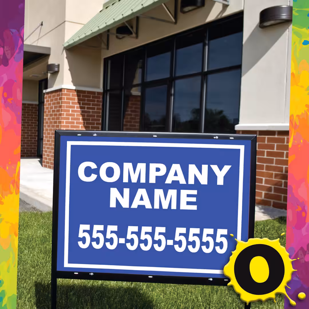 A blue yard sign with COMPANY NAME and 555-555-5555 in white letters stands on green grass in front of a building with brick and glass walls. A yellow O is in the lower right corner.