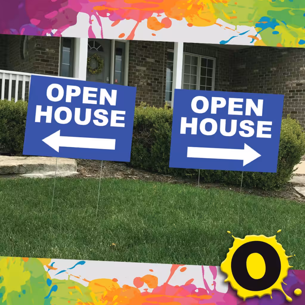 Two blue Open House signs with white arrows point in opposite directions on a lawn in front of a brick house. The image has a colorful, paint-splatter border and a yellow O in the lower right corner.