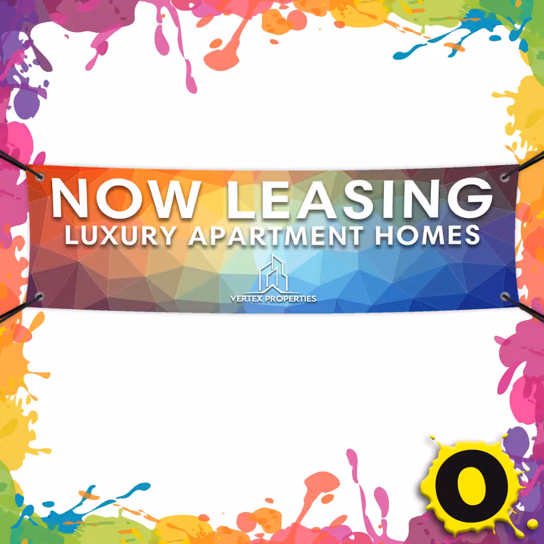 A colorful banner reads Now Leasing Luxury Apartment Homes with the Vertex Properties logo, framed by vibrant paint splashes and a yellow O in the corner.