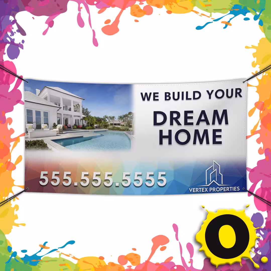 Banner with a modern house and pool, text reads We build your dream home, phone number 555.555.5555, and Vertex Properties logo. Multicolored paint splashes frame the banner.