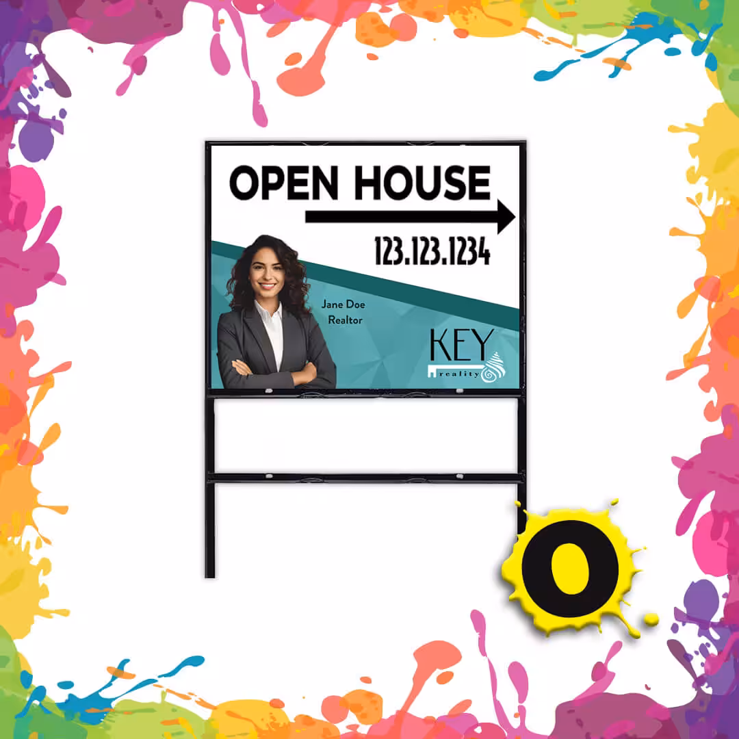 A real estate open house sign with a womans photo, contact number, and the realtors name. The sign has an arrow pointing right and is bordered by colorful paint splashes.