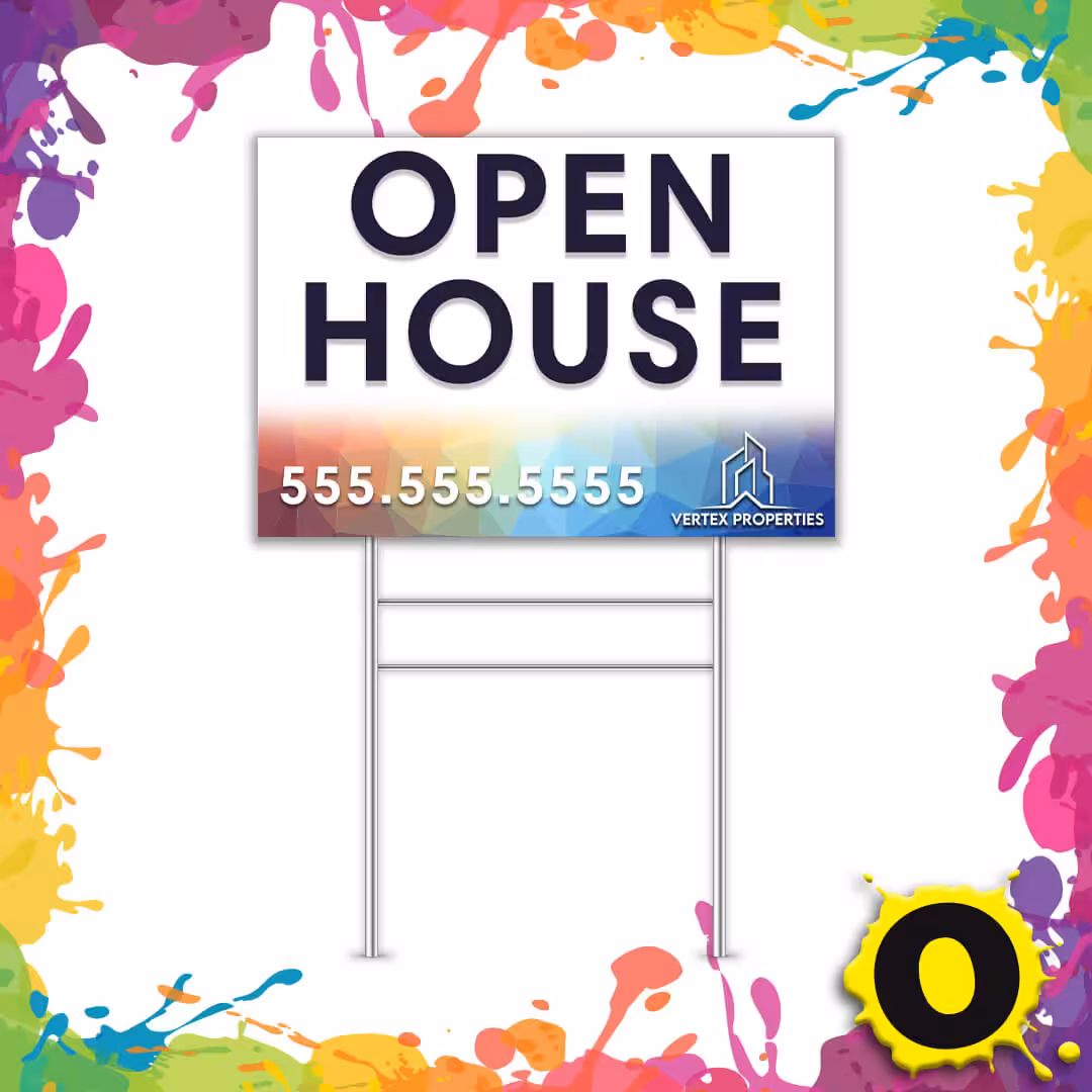 A colorful border surrounds an OPEN HOUSE yard sign with the phone number 555.555.5555 and a Vertex Properties logo, featuring a simple building graphic.