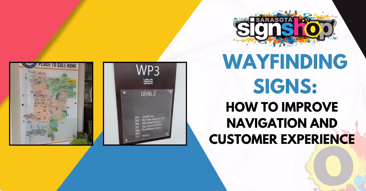 A promotional graphic for Sarasota Sign Shop showing wayfinding signs, including a building directory and a map, with the text: WAYFINDING SIGNS: HOW TO IMPROVE NAVIGATION AND CUSTOMER EXPERIENCE.