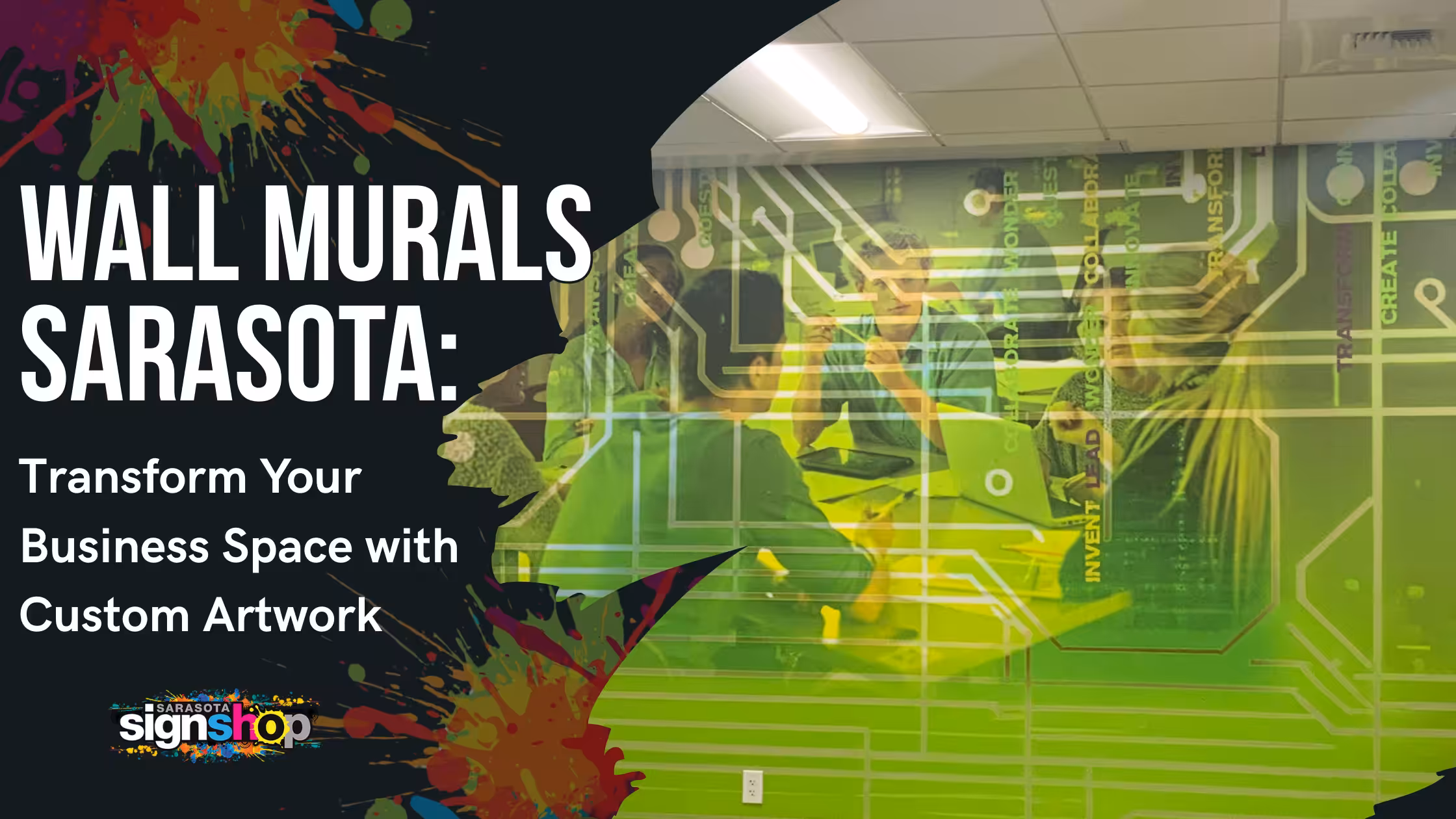 Wall mural with green circuit board design in an office space. Text: Wall Murals Sarasota: Transform your business space with custom artwork. Sarasota Sign Shop logo in the corner.