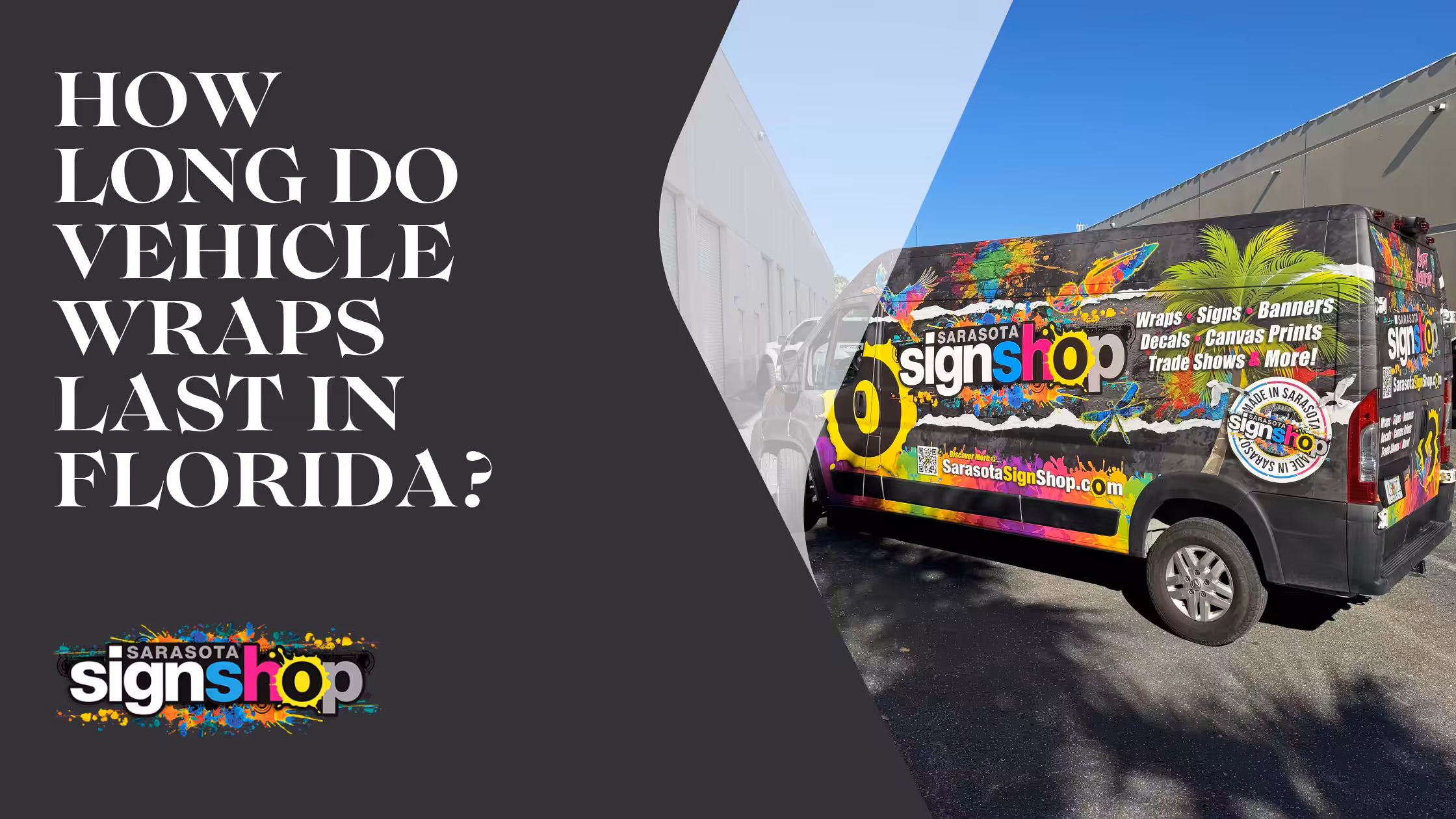 A colorful Sarasota Sign Shop van with graphics is parked in sunlight. Text on left reads: How long do vehicle wraps last in Florida? Sarasota Sign Shop logo appears in two places.
