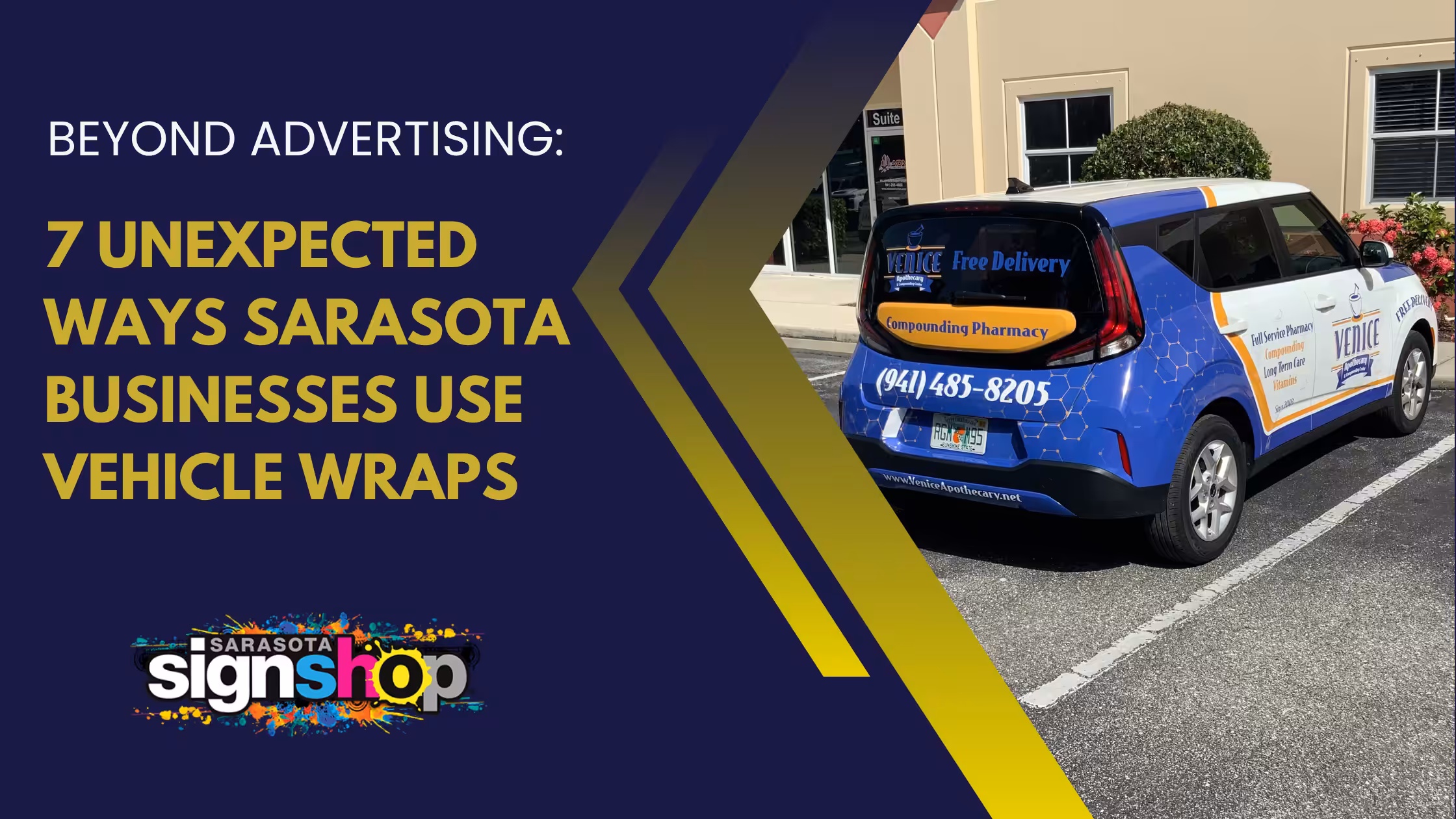 A wrapped car with business info parked outside a building, alongside bold text: 7 Unexpected Ways Sarasota Businesses Use Vehicle Wraps. The Sarasota Sign Shop logo is at the bottom left.