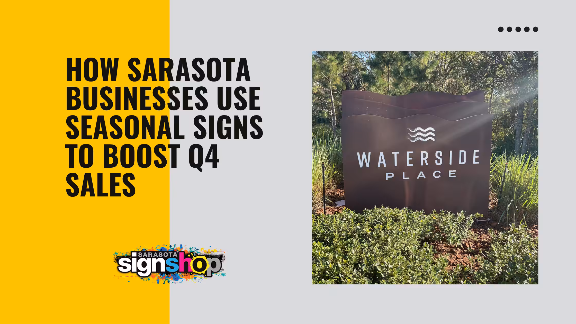 A sign reading Waterside Place stands among greenery. Text on the left says, How Sarasota businesses use seasonal signs to boost Q4 sales. Sarasota Sign Shop logo appears at the bottom left.
