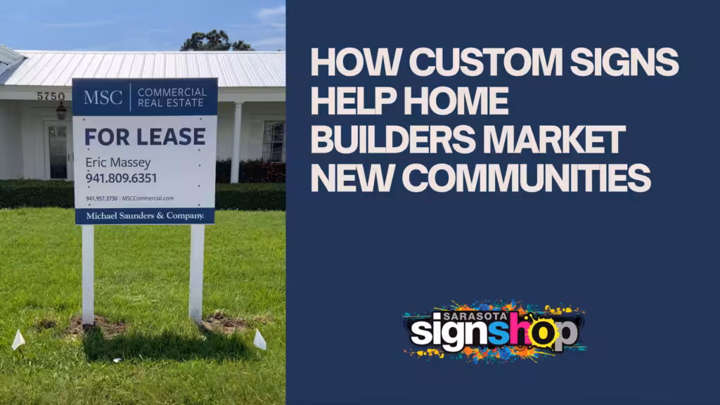 A For Lease commercial real estate sign stands on a lawn in front of a building. Text beside it reads, How custom signs help home builders market new communities.