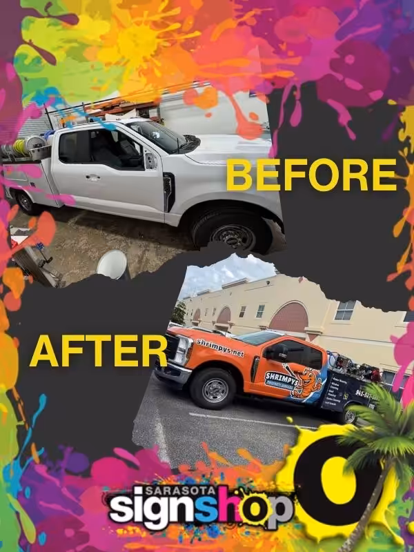 A white truck labeled BEFORE and the same truck with colorful Shrimpys.net vehicle graphics Sarasota labeled AFTER. The background has paint splashes and a Sarasota Sign Shop logo.
