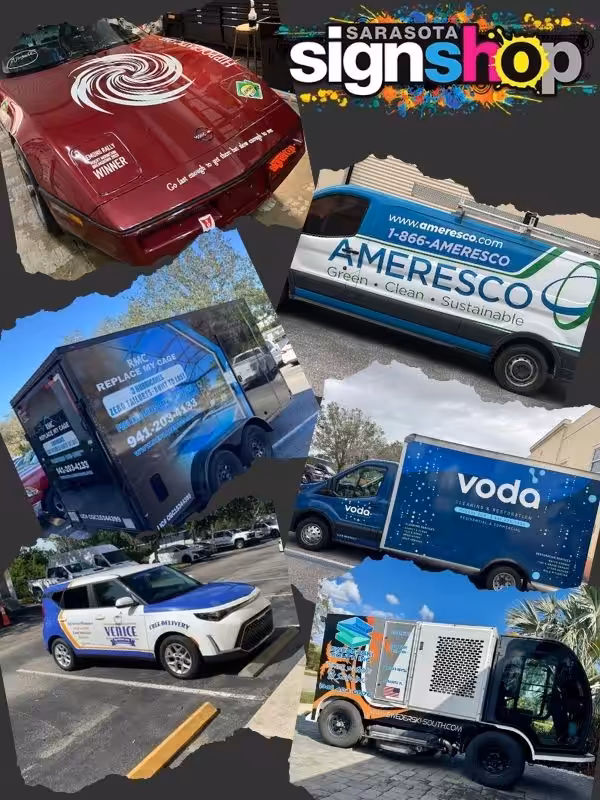 Collage of six vehicles displaying colorful custom wraps with various business logos and contact details, highlighting the vehicle wrap design process at Sarasota Sign Shop.
