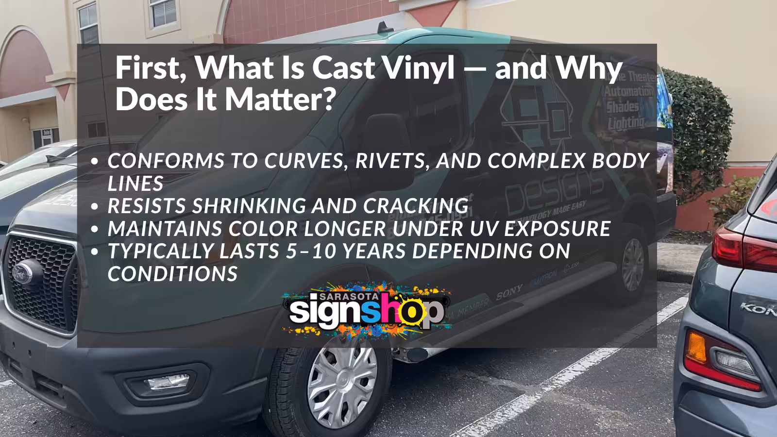 A dark van with text highlights best vinyl for vehicle wraps—cast vinyl benefits: conforms to curves, resists shrinking, keeps color in UV, and lasts 5-10 years. signshop logo is visible near the bottom.