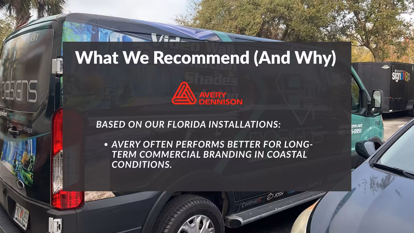 A van with a graphic overlay reads, What We Recommend (And Why): Avery Dennison—often performs better for long-term commercial branding in coastal conditions, making it one of the best vinyl for vehicle wraps. Another vehicle is partially visible beside it.