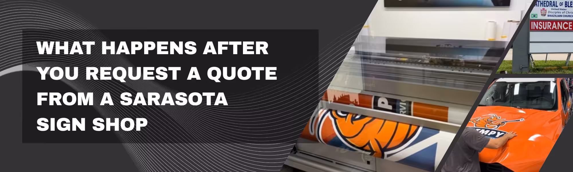 Text reads What happens after you request a sign quote Sarasota. Images show sign printing equipment, a car wrap, and an insurance sign outside. Wavy black and white lines are in the background.