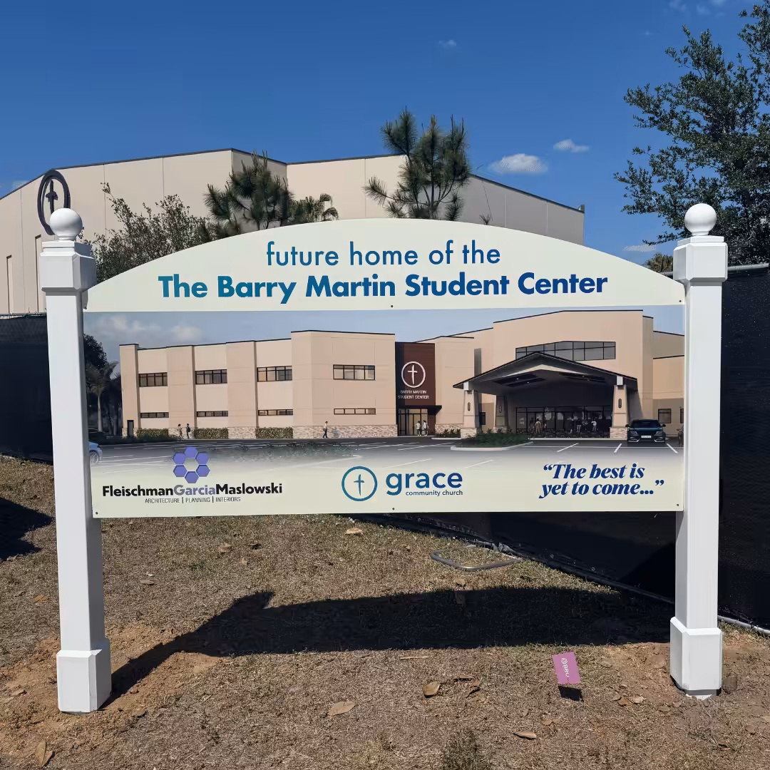 A sign reads Future Home of The Barry Martin Student Center with a building rendering, church logo, and the slogan The best is yet to come... Also shown are sponsor, Builders & Developers, and church names.
