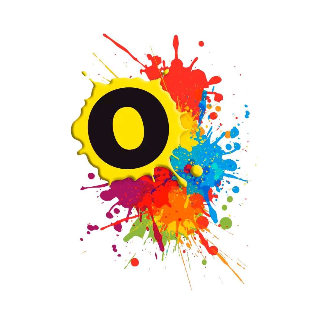 A bold black letter O with a yellow outline sits on top of colorful paint splashes in red, blue, orange, and green, capturing the creative spirit of Builders & Developers on a white background.